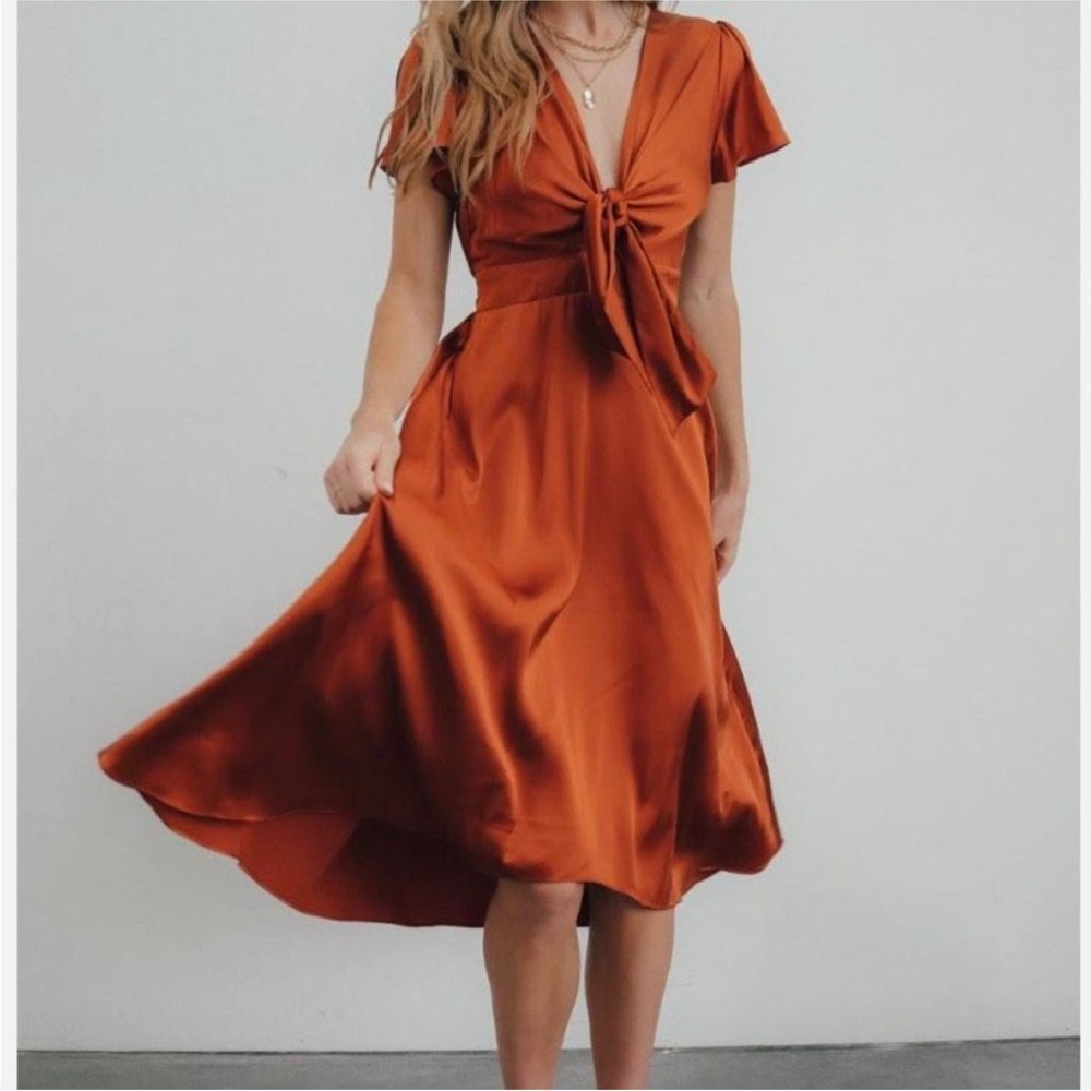 Baltic Born Poppy Satin Midi Dress Rust Orange XXXL Tie Front